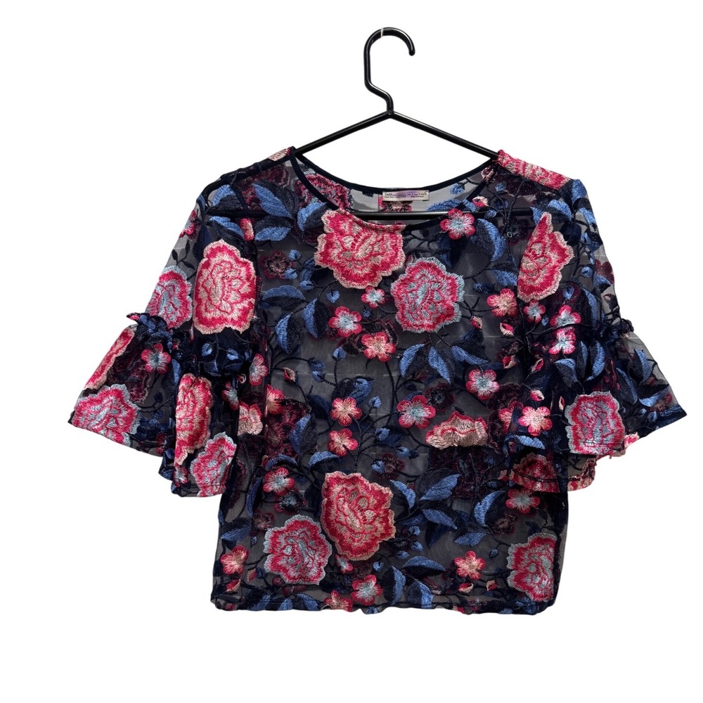 Zara Floral Embroidered Sheer Mesh Blouse Womens Small Navy Pink Ruffle Sleeve